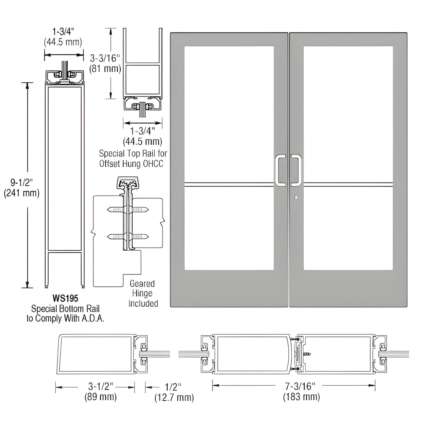 DE42911 clear anodized medium stile double entrance door with glass, 3-1/2" stiles and 9-1/2" ADA bottom rail