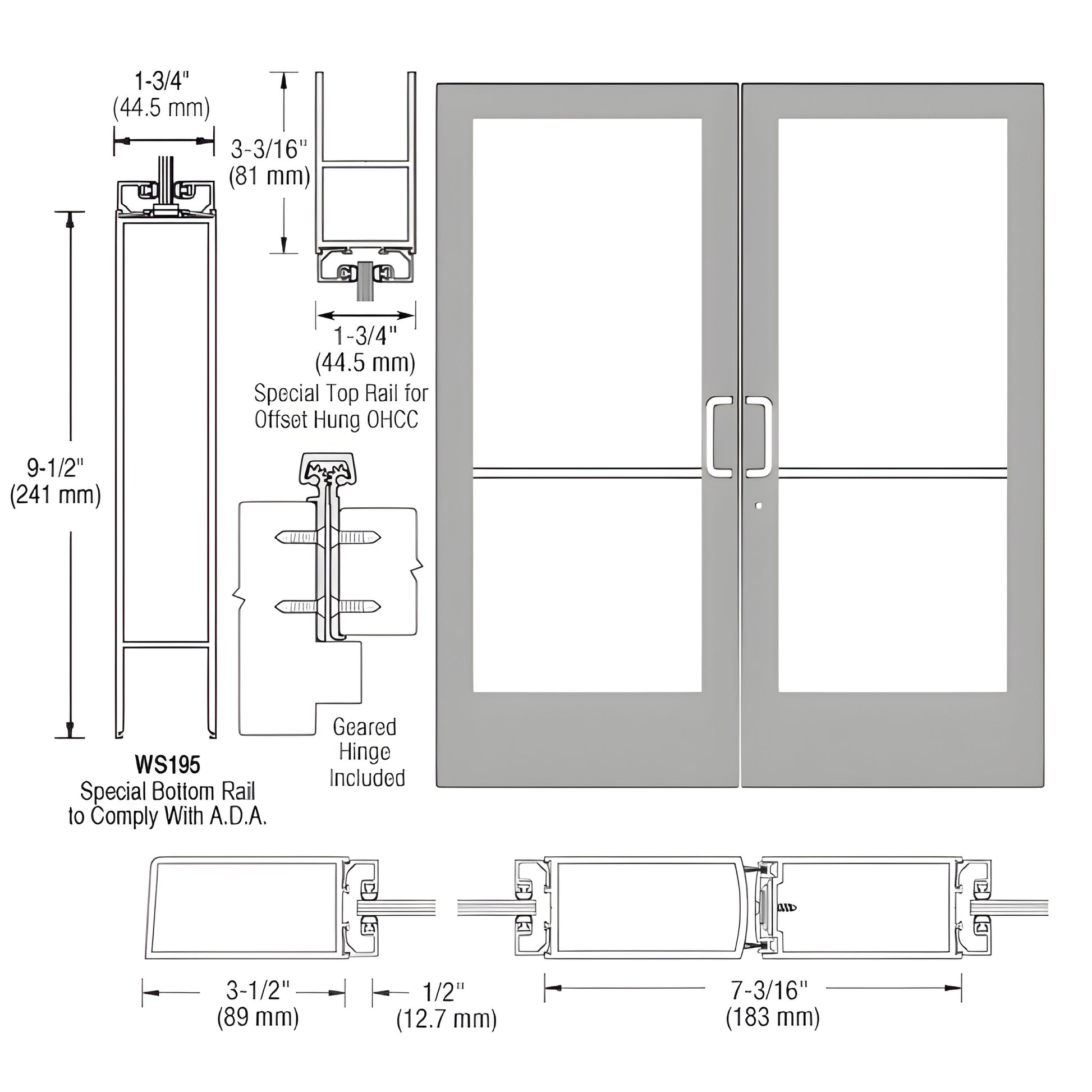 DE42911 clear anodized medium stile double entrance door with glass, 3-1/2" stiles and 9-1/2" ADA bottom rail
