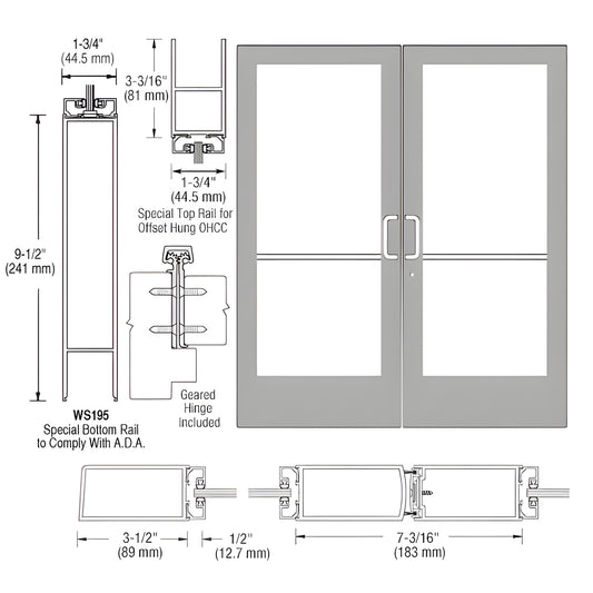 DE42911 clear anodized medium stile double entrance door with glass, 3-1/2" stiles and 9-1/2" ADA bottom rail