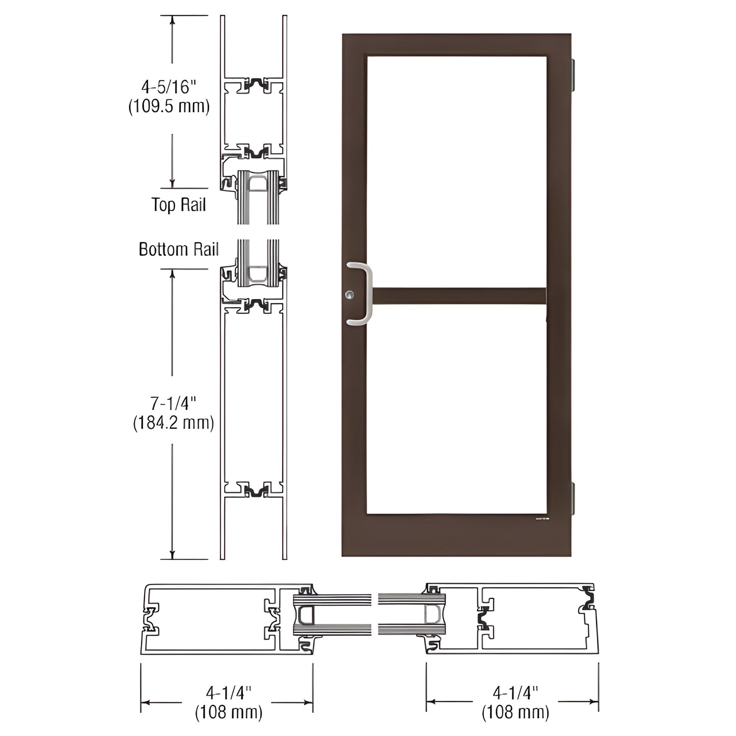 CRL medium stile entrance door SKU 1Z41522, black bronze anodized, 4 1/4 stiles, 7 1/4 bottom rail, panic pull and handle.