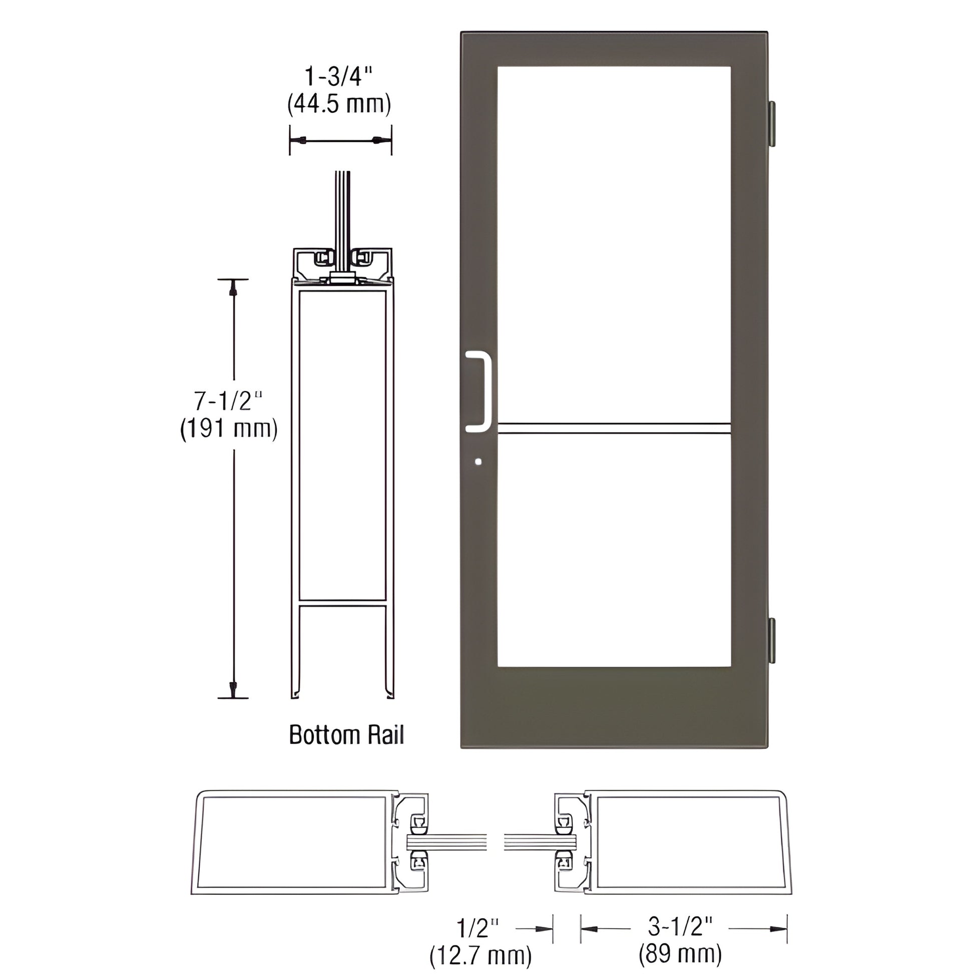 HE41522 black bronze medium-stile commercial entrance door with 7-1/2" bottom rail, glass and push/pull hardware.