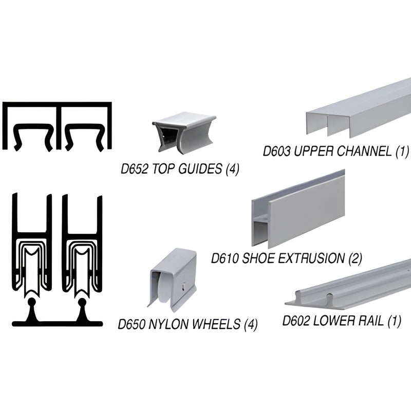 D2203A36 satin anodized aluminum low-profile sliding glass track with upper channel, lower rail and nylon wheels.