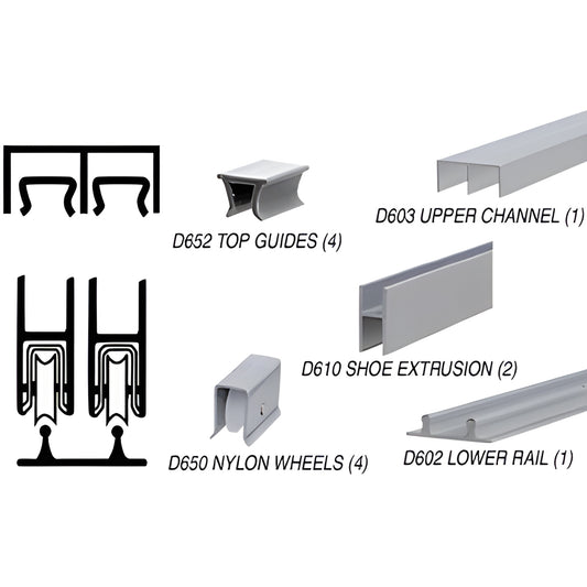Satin anodized low-profile aluminum sliding glass door track assembly with labeled parts, SKU D2203A72