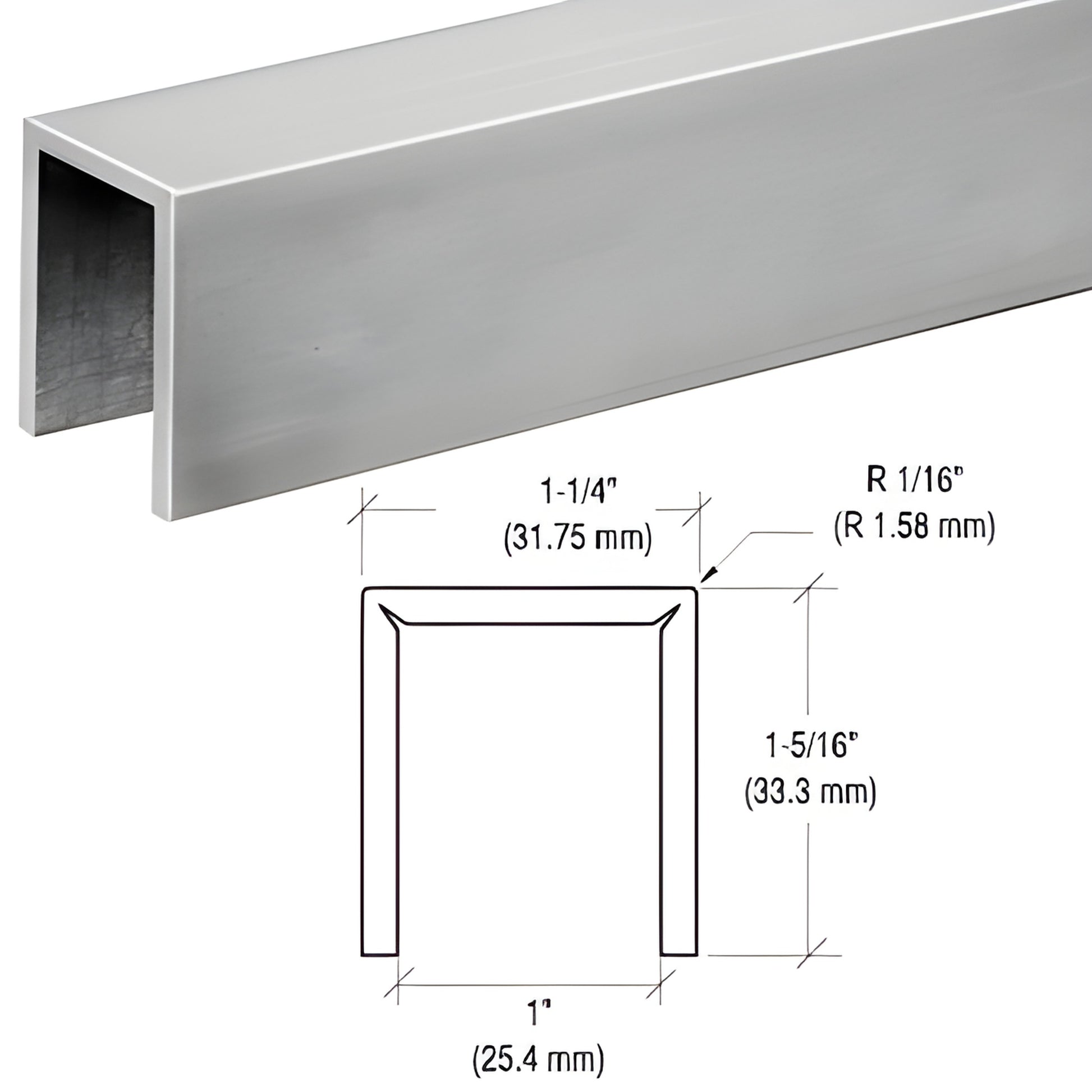 Brushed stainless steel low-profile U cap rail GRLC107BS for 3/4" (19 mm) glass, 1-1/4" wide.