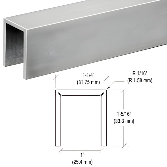 Brushed stainless steel low-profile U cap rail GRLC107BS for 3/4" (19 mm) glass, 1-1/4" wide.