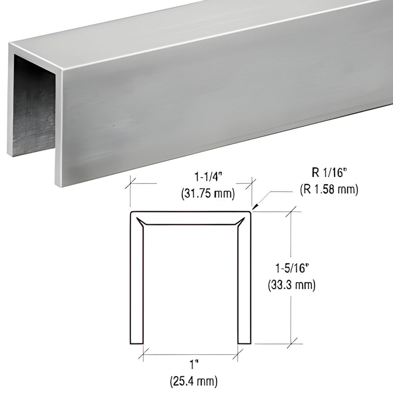 GRLC107BS12 brushed stainless steel low-profile cap rail for 3/4" (19mm) glass, 1-1/4" wide, 144" long