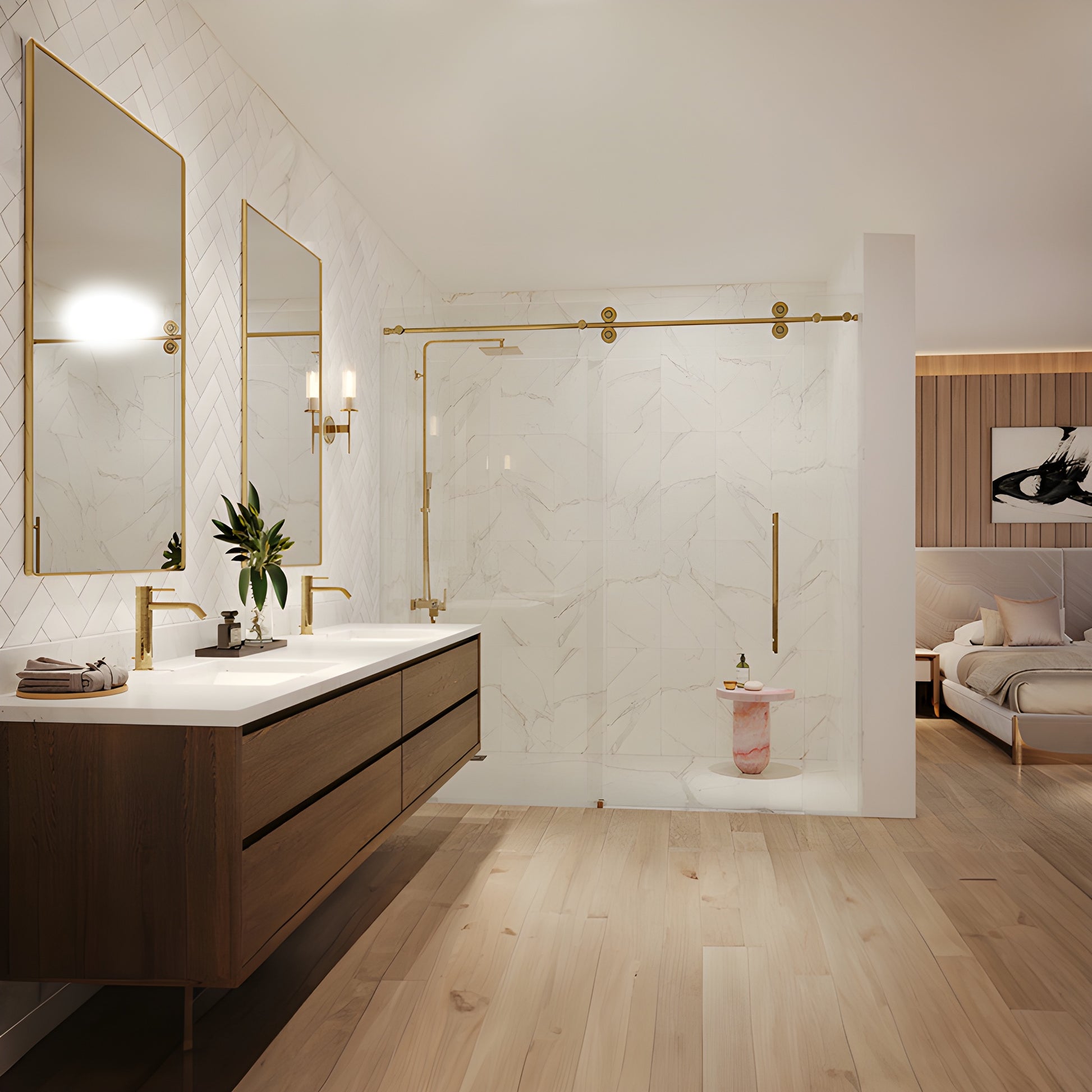 CLN78SB satin brass Colonia sliding glass shower system with circular header, round rollers and white marble tile surround.