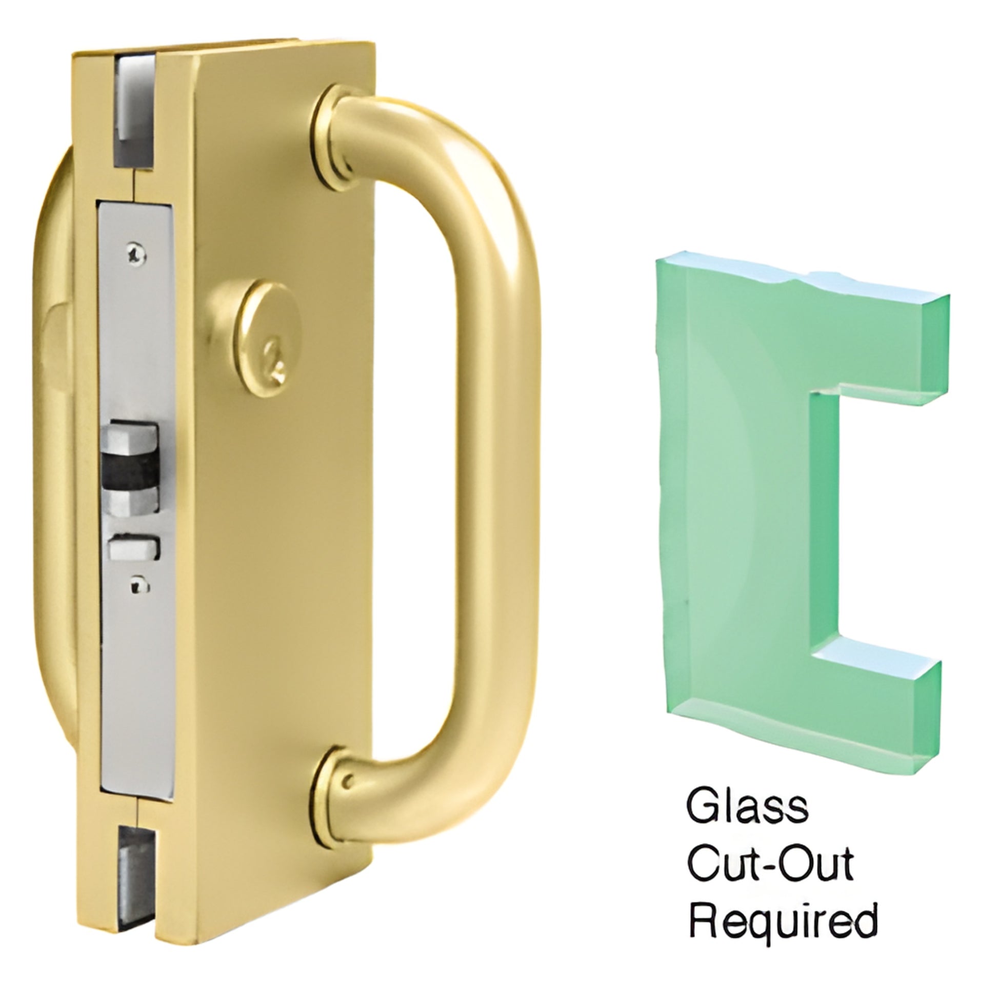 DL410RPB polished brass 4x10 center lock with D-handle for 1/2 in tempered glass doors, deadlatch & thumbturn