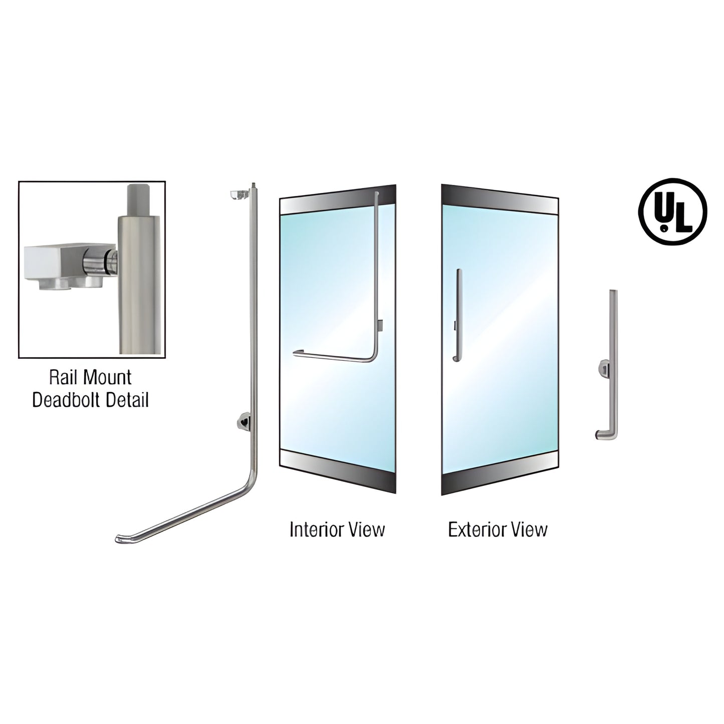 Brushed stainless rail-mount deadbolt handle for glass doors, 1/2" glazing (32mm bar), interior and exterior views.