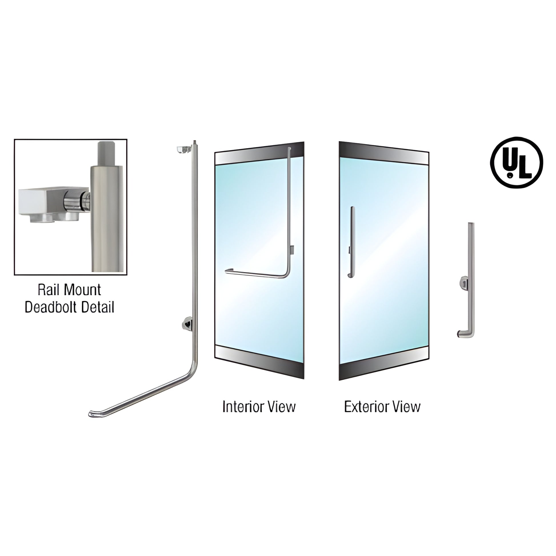 Brushed stainless rail-mount deadbolt handle for glass doors, 1/2" glazing (32mm bar), interior and exterior views.