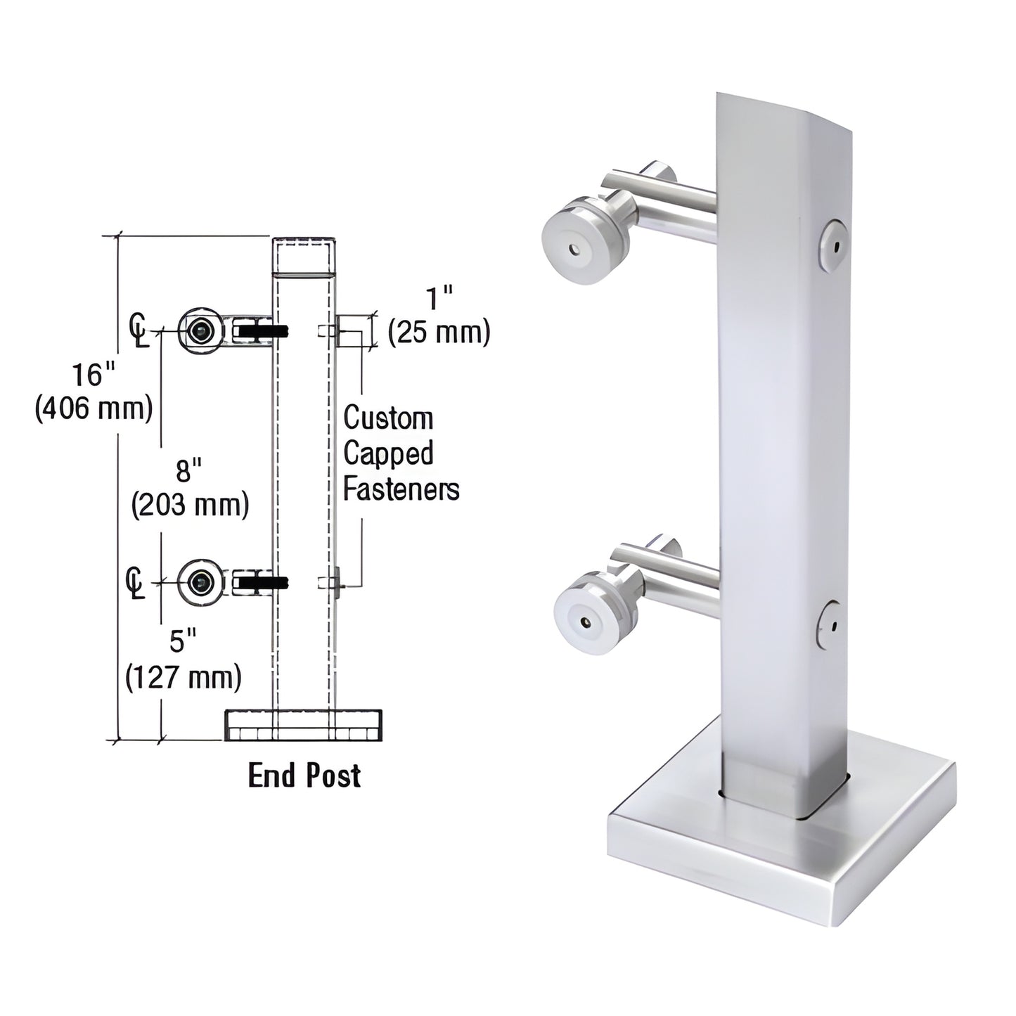 PWC1EBS 316 stainless steel brushed end post mini glass railing with 5 in square base and two point standoffs, 16 in tall