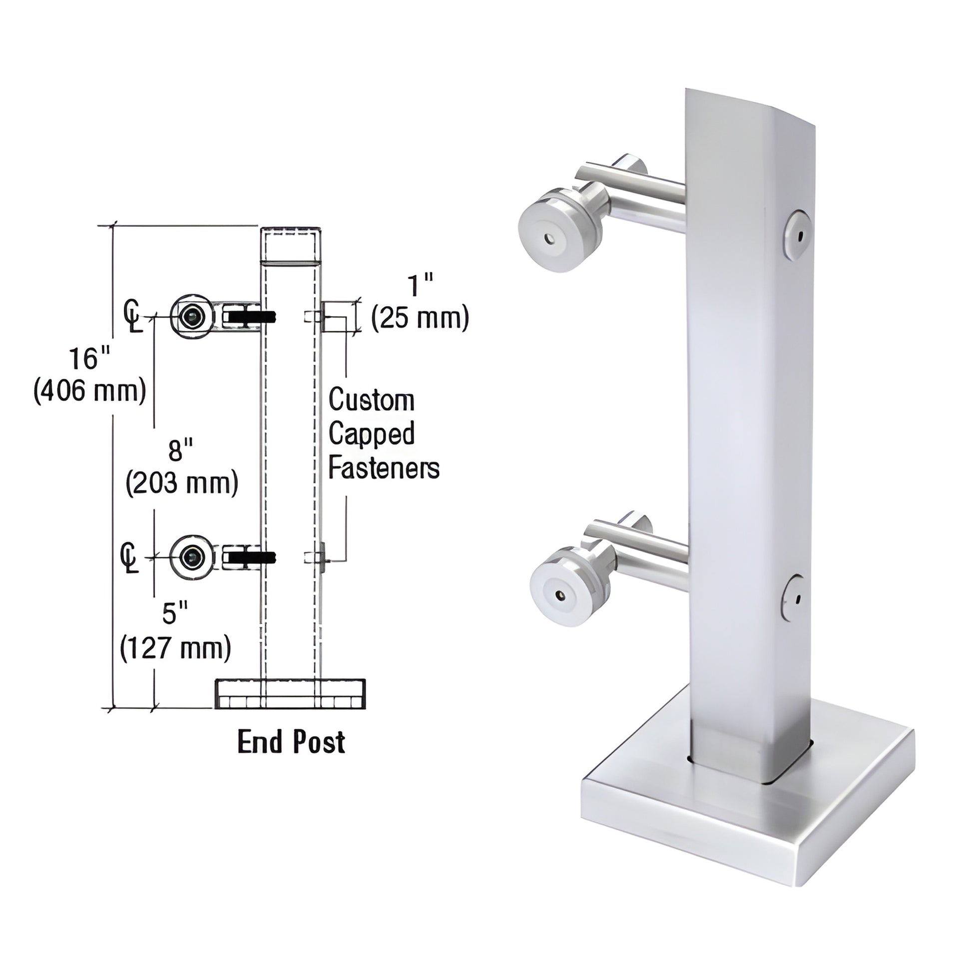 PWC1EBS 316 stainless steel brushed end post mini glass railing with 5 in square base and two point standoffs, 16 in tall