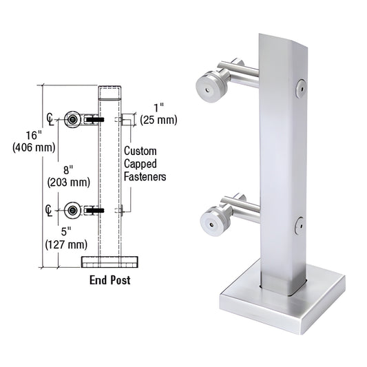 PWC1EBS 316 stainless steel brushed end post mini glass railing with 5 in square base and two point standoffs, 16 in tall