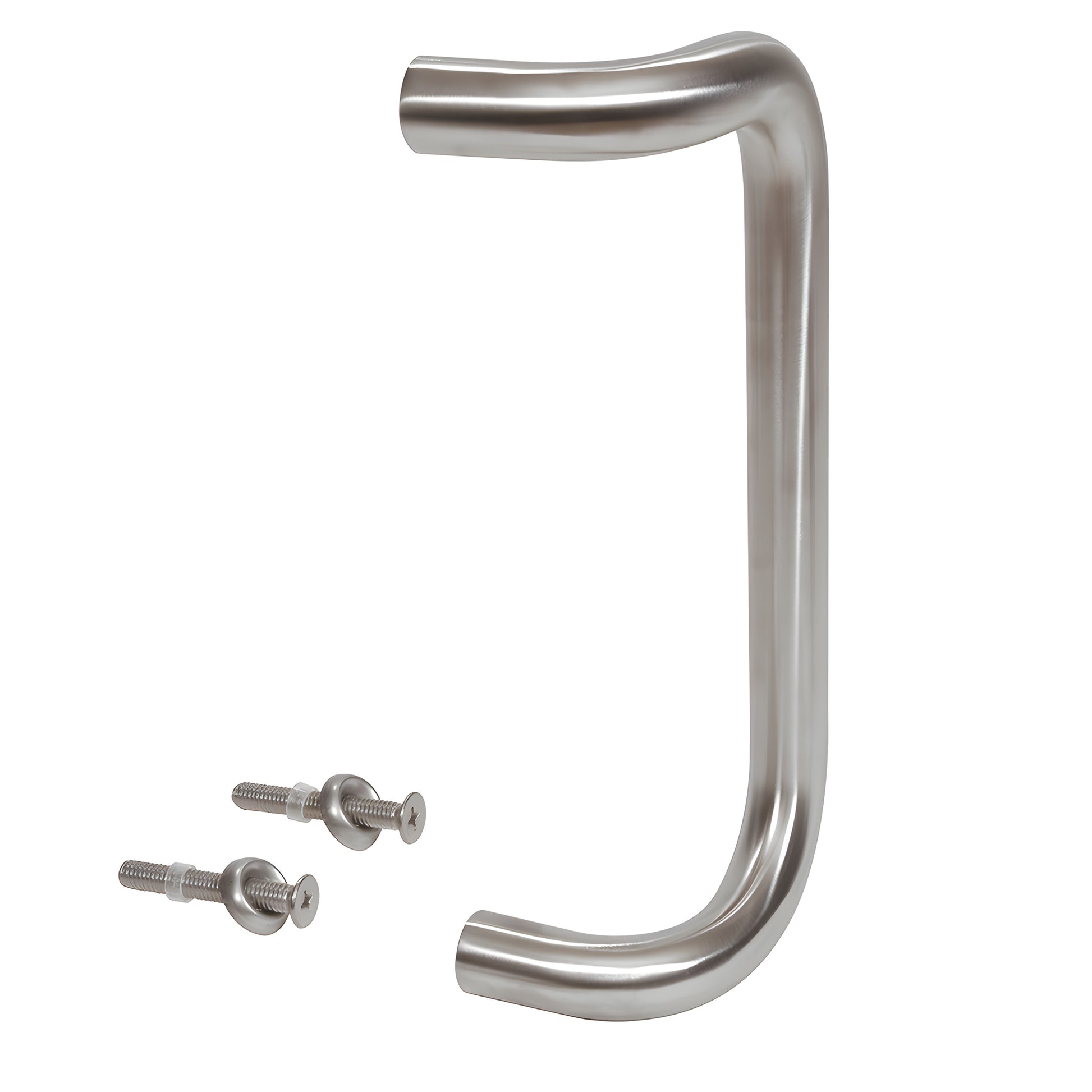 Brushed stainless steel 1" diameter single-sided offset pull handle with two thru-bolts, SKU M1741032D.