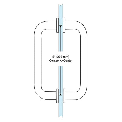 BM8X8BS: Brushed stainless steel 3/4" tubular back-to-back glass pull handle with metal washers, 8" center-to-center