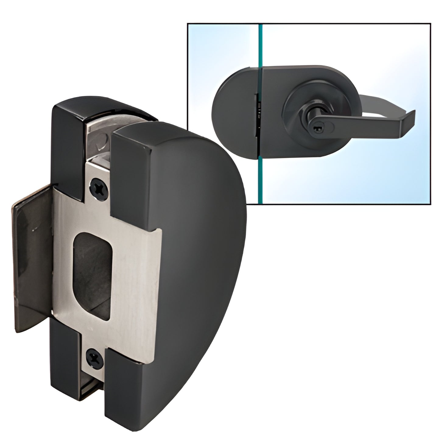 Matte black round glass keeper LHK1MBL for 1/2" (12 mm) tempered glass, lever lock housing, reversible