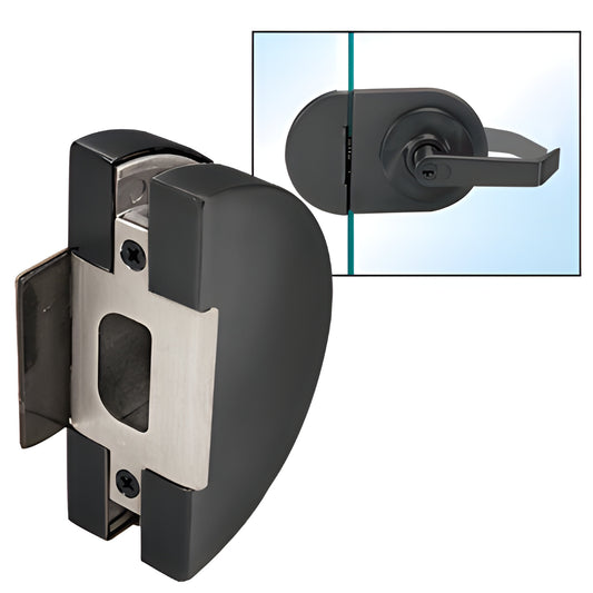 Matte black round glass keeper LHK1MBL for 1/2" (12 mm) tempered glass, lever lock housing, reversible