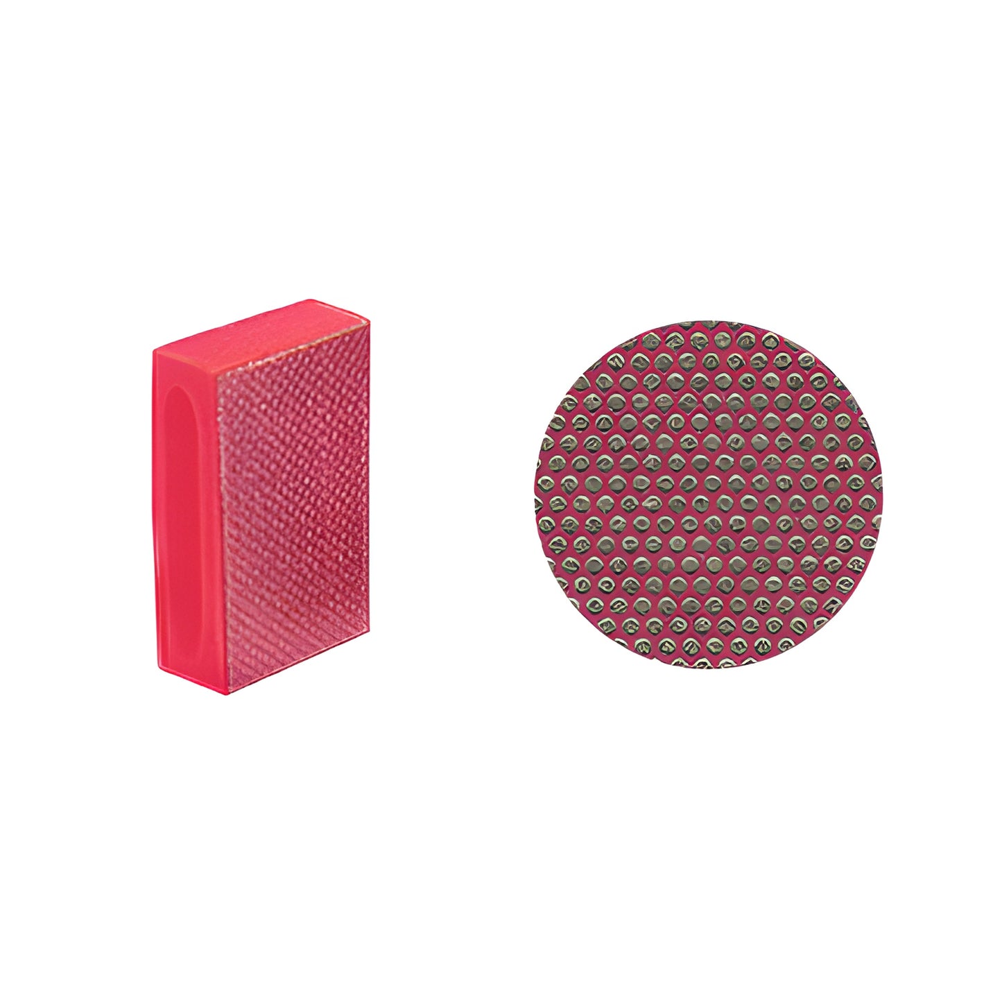 Red CRL diamond hand pad DHP220 (220 grit), red foam block with plated diamond abrasive, 2-1/4" x 3-3/4", side and top views