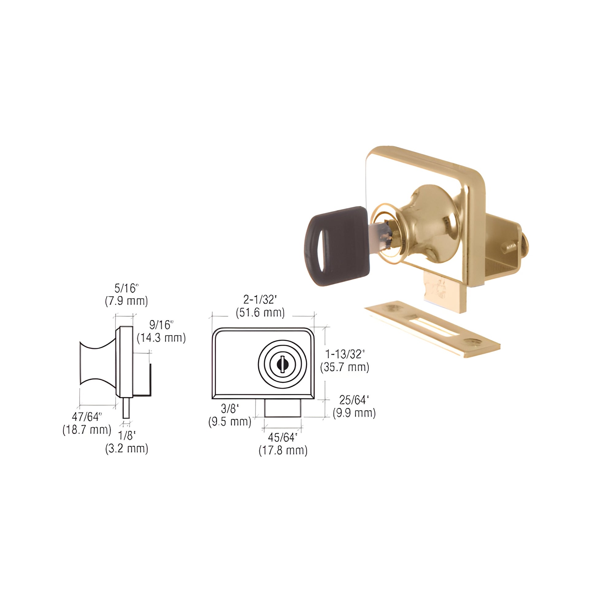 LK348 gold-plated no-drill lock for 3/8" (10 mm) double glass doors, aluminum body, includes key and strike plate.