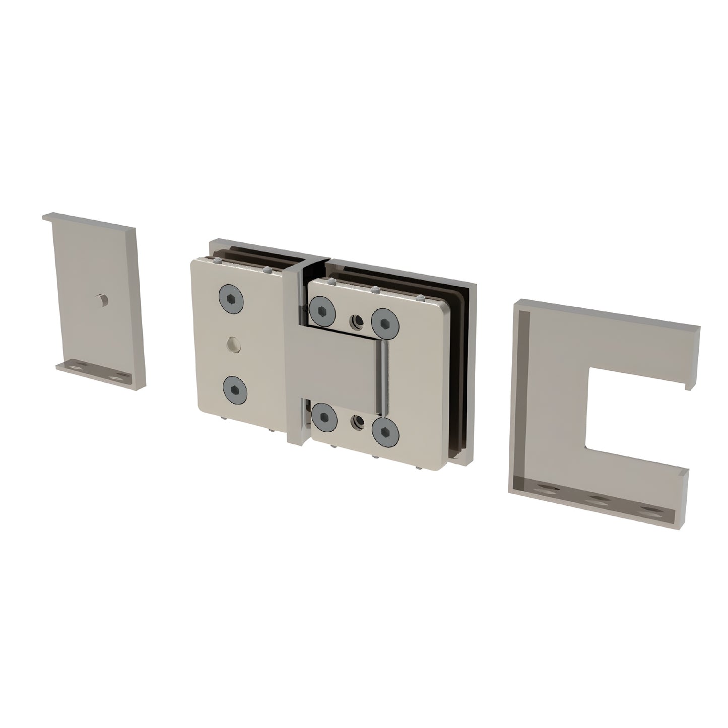 BEL380BN Bellagio concealed glass-to-glass shower hinge, brushed nickel, square modern design