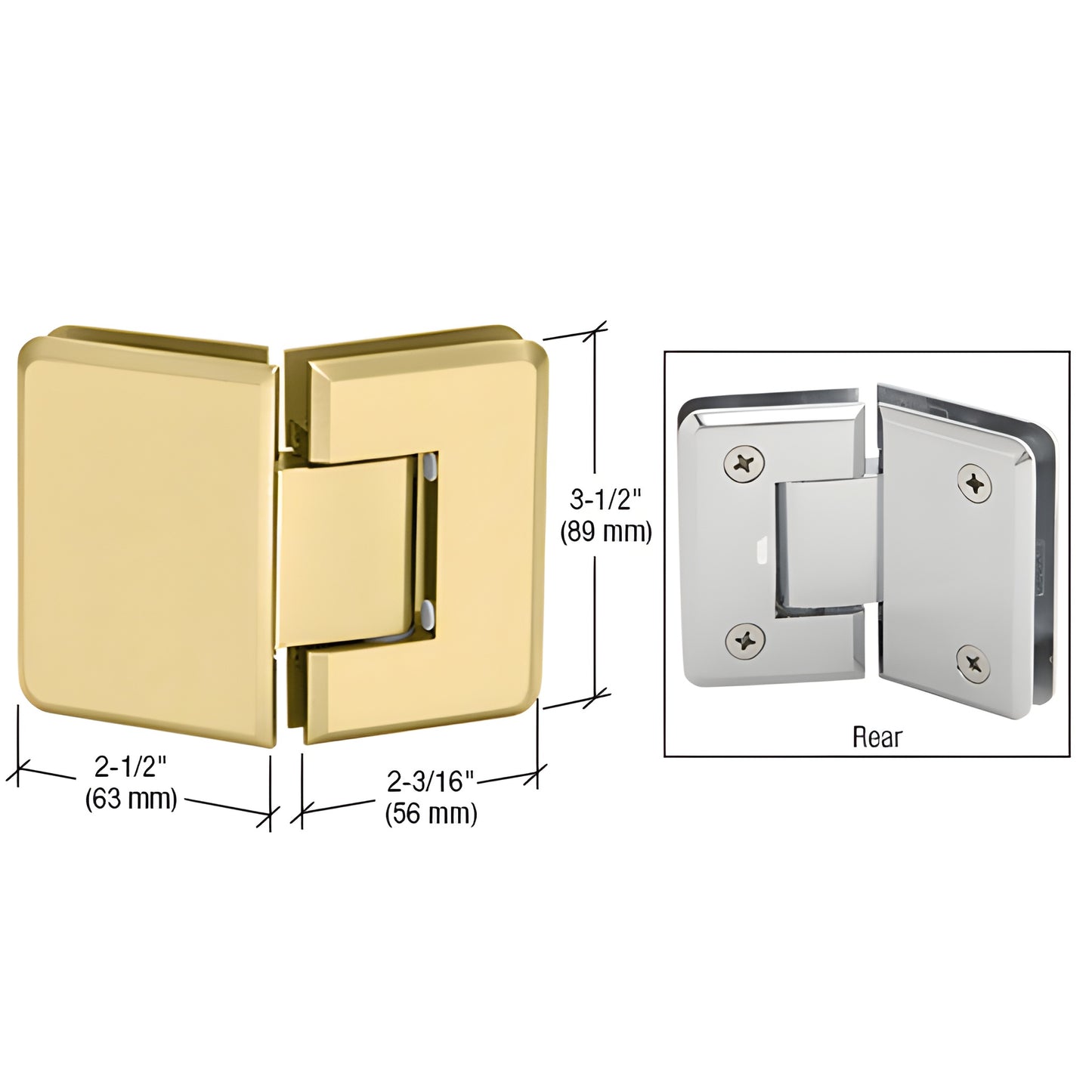 Satin brass Pinnacle glass-to-glass shower hinge, beveled square design, 3-1/2 in high. SKU P1N045SB