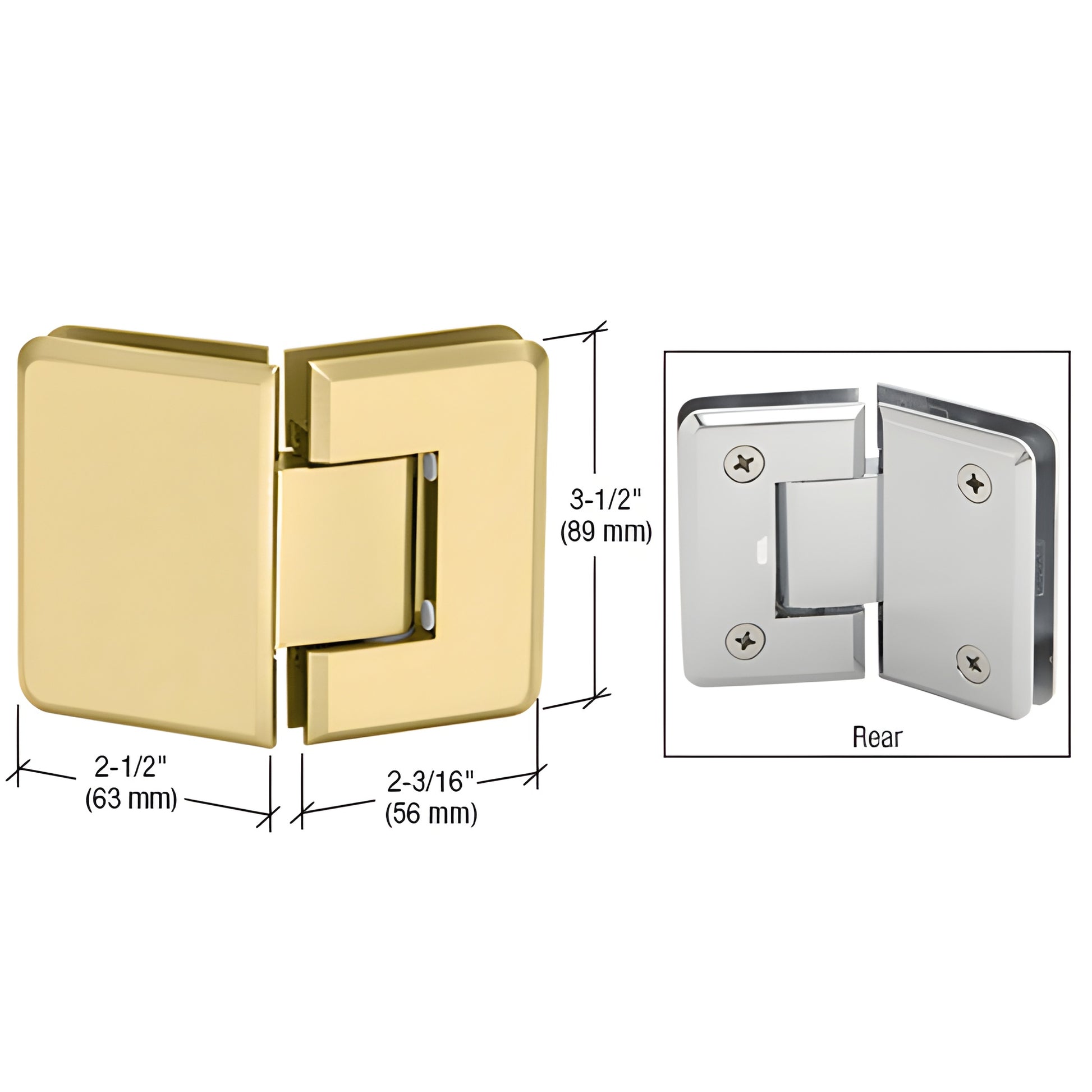Satin brass Pinnacle glass-to-glass shower hinge, beveled square design, 3-1/2 in high. SKU P1N045SB