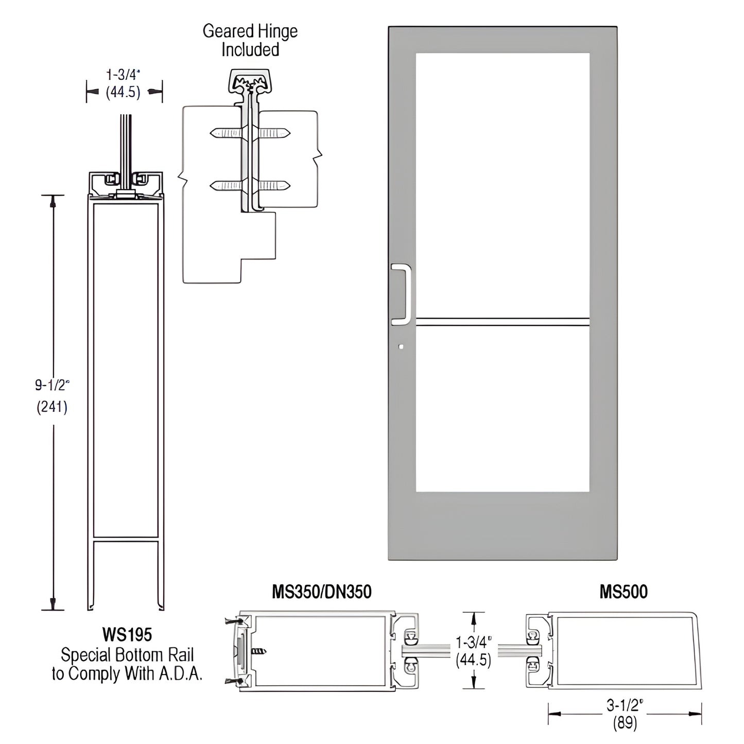 CRL medium stile 36x84 clear anodized active leaf door (SKU CD42811LA36) for 1" glass, prepped with hinges, 3 point lock, ADA