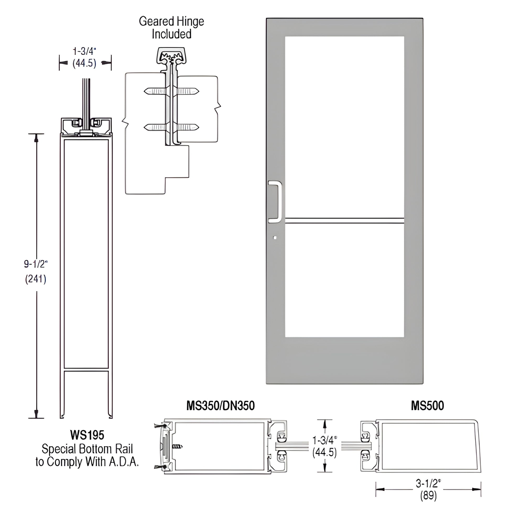 CRL medium stile 36x84 clear anodized active leaf door (SKU CD42811LA36) for 1" glass, prepped with hinges, 3 point lock, ADA