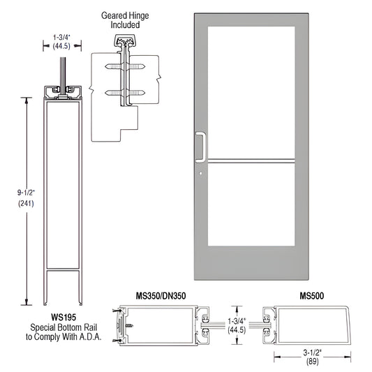 CRL medium stile 36x84 clear anodized active leaf door (SKU CD42811LA36) for 1" glass, prepped with hinges, 3 point lock, ADA
