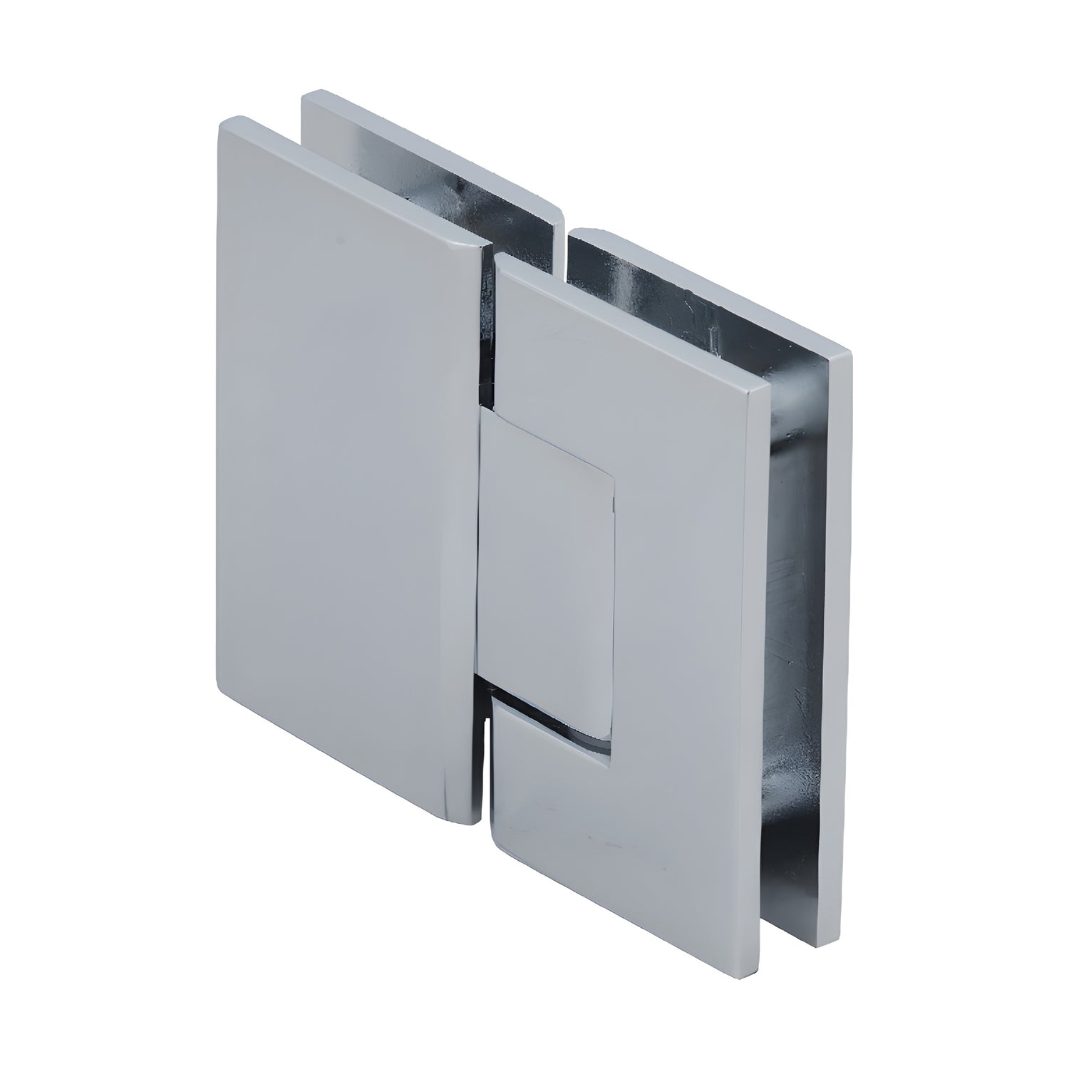GEN180CH polished chrome brass glass-to-glass shower hinge, square profile, self-centering, 8-12mm.