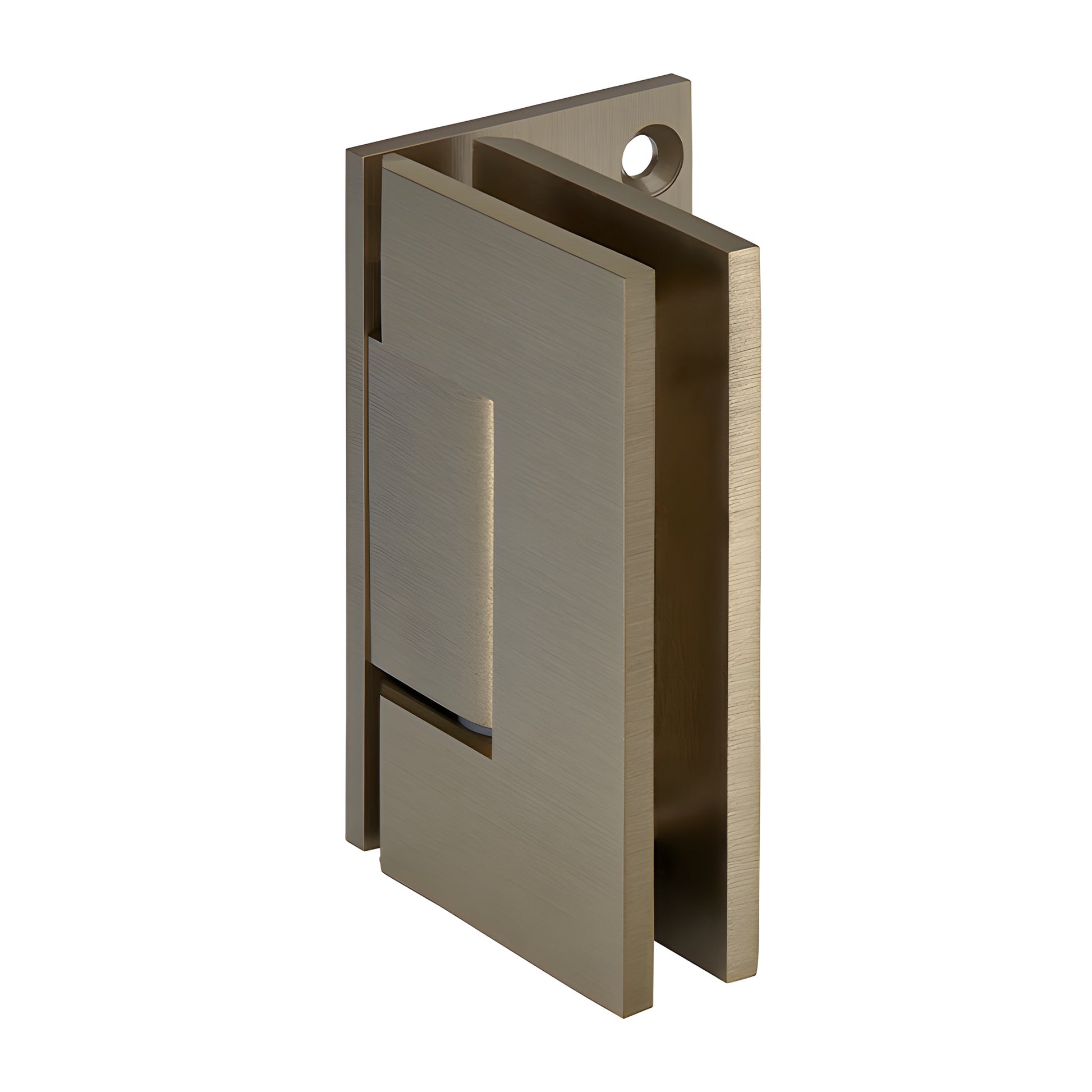 Brushed bronze brass Geneva shower door hinge (GEN044BBRZ) wall mount offset, fits 8-12mm tempered glass.