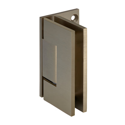 Brushed bronze brass Geneva shower door hinge (GEN044BBRZ) wall mount offset, fits 8-12mm tempered glass.