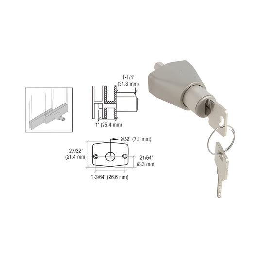 Chrome aluminum CRL sliding door lock (SKU 0911SC) with keys, H bar mount, 1" plunger, no glass notching
