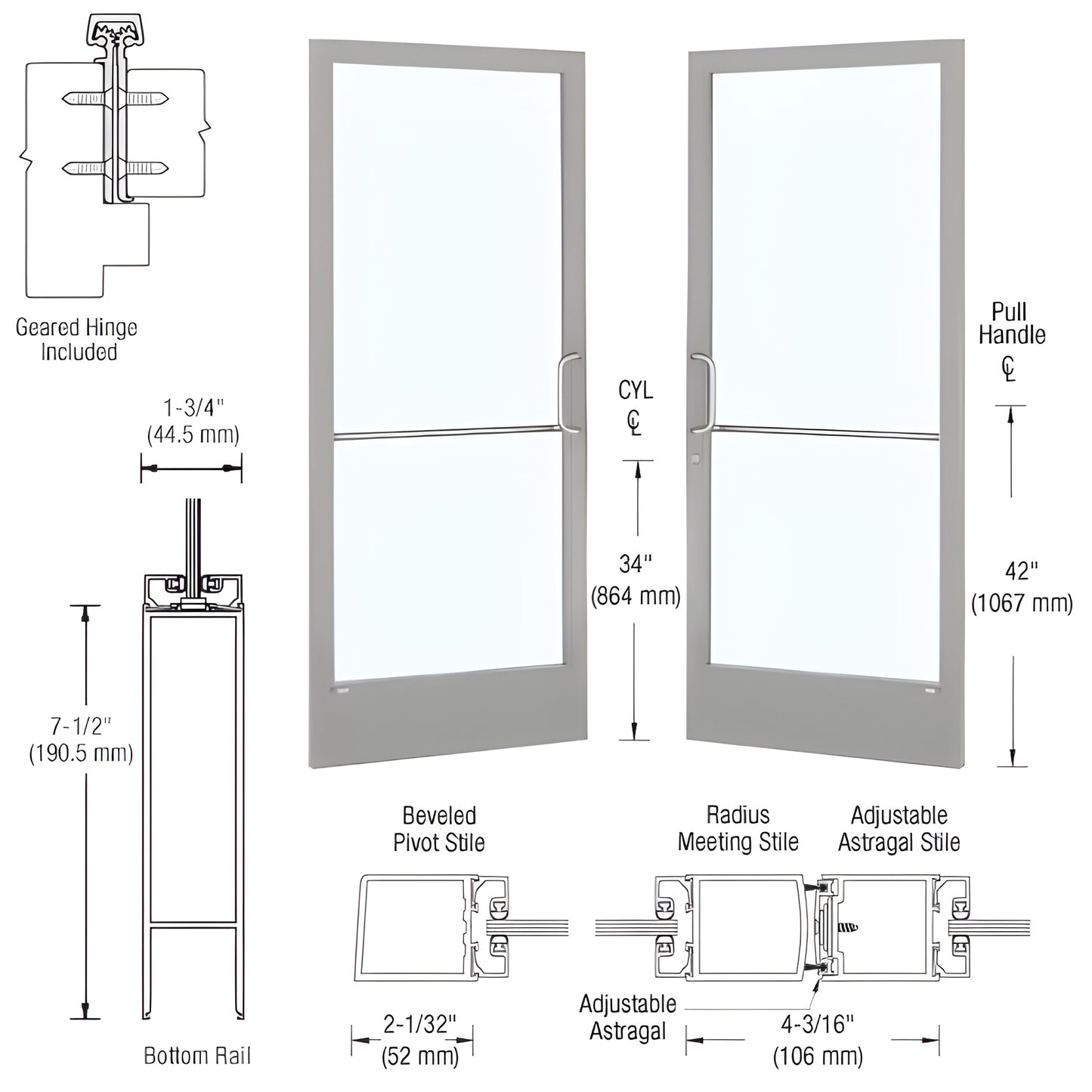 HE22811 clear anodized narrow-stile commercial entrance door with glass, 2" stiles, 7.5" bottom rail.