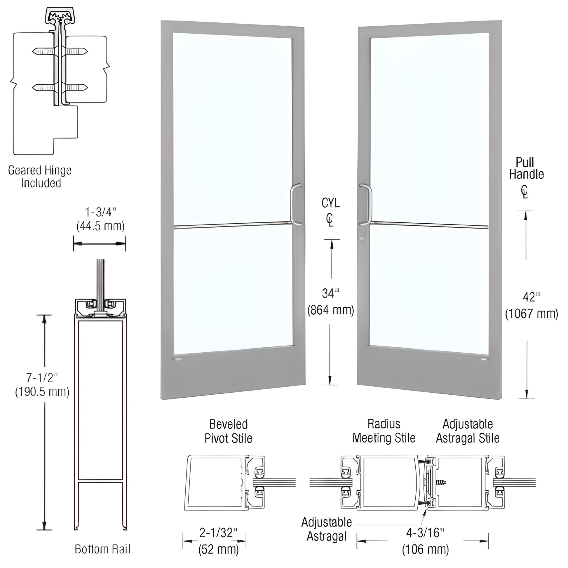 HE22811 clear anodized narrow-stile commercial entrance door with glass, 2" stiles, 7.5" bottom rail.