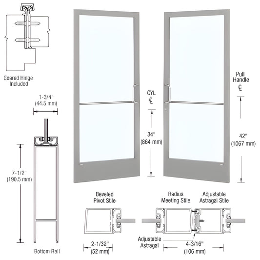 HE22811 clear anodized narrow-stile commercial entrance door with glass, 2" stiles, 7.5" bottom rail.