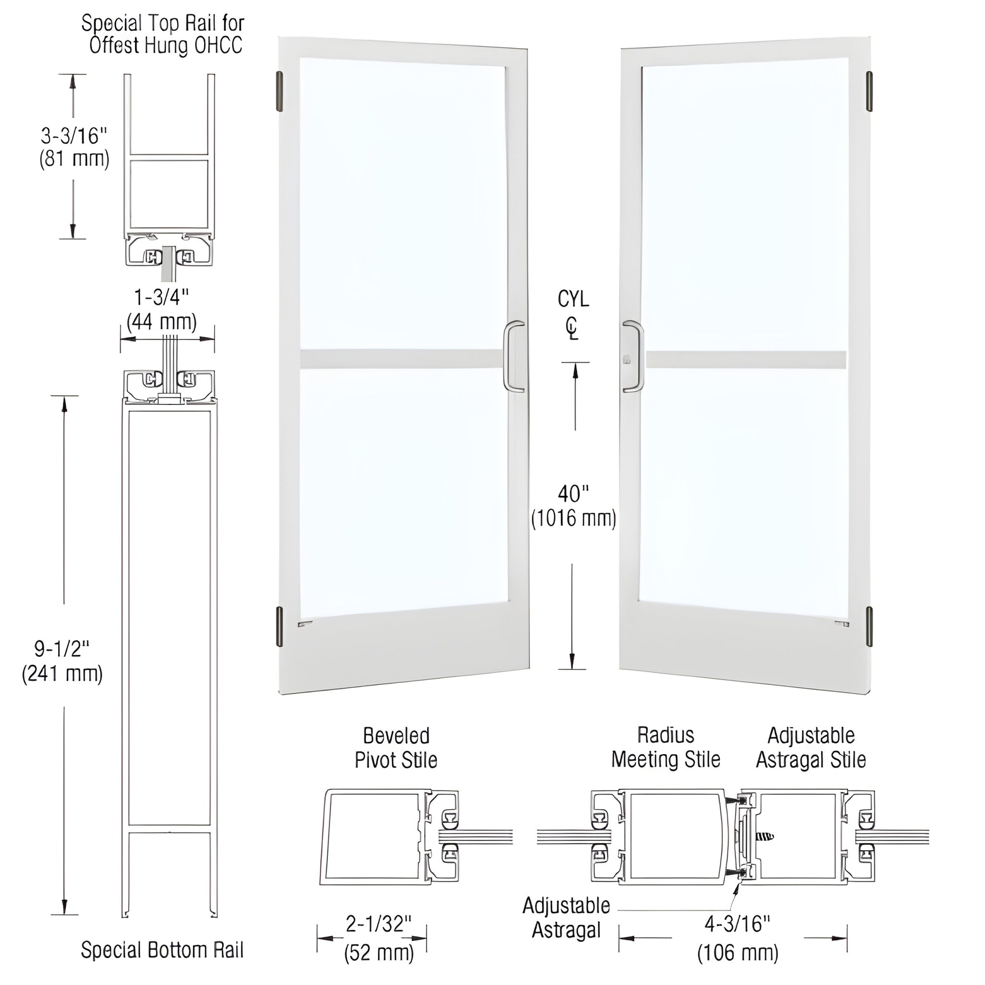 White Kynar narrow-stile commercial entrance door with glass, ADA 9-1/2" bottom rail, concealed panic hardware (SKU CZ22452)