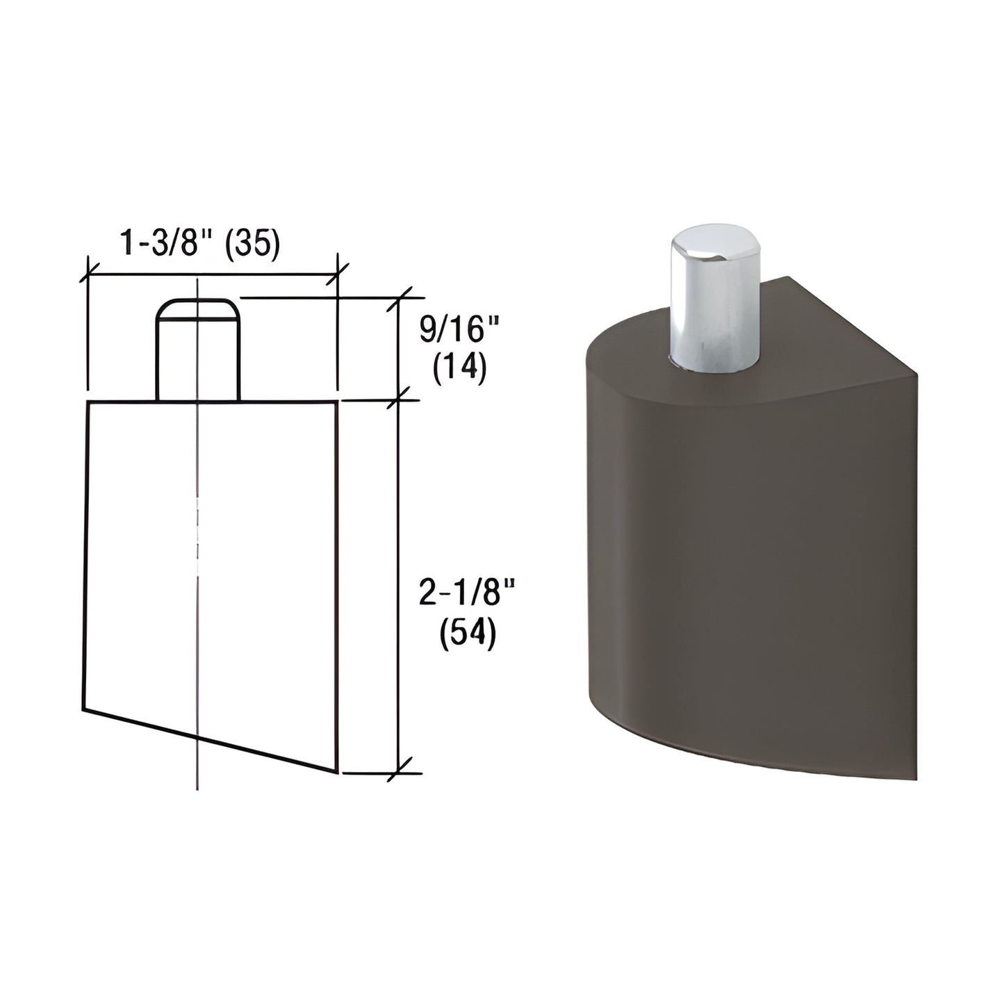 Offset pivot top door portion SKU D06322 - black bronze anodized curved metal piece with silver pivot pin.