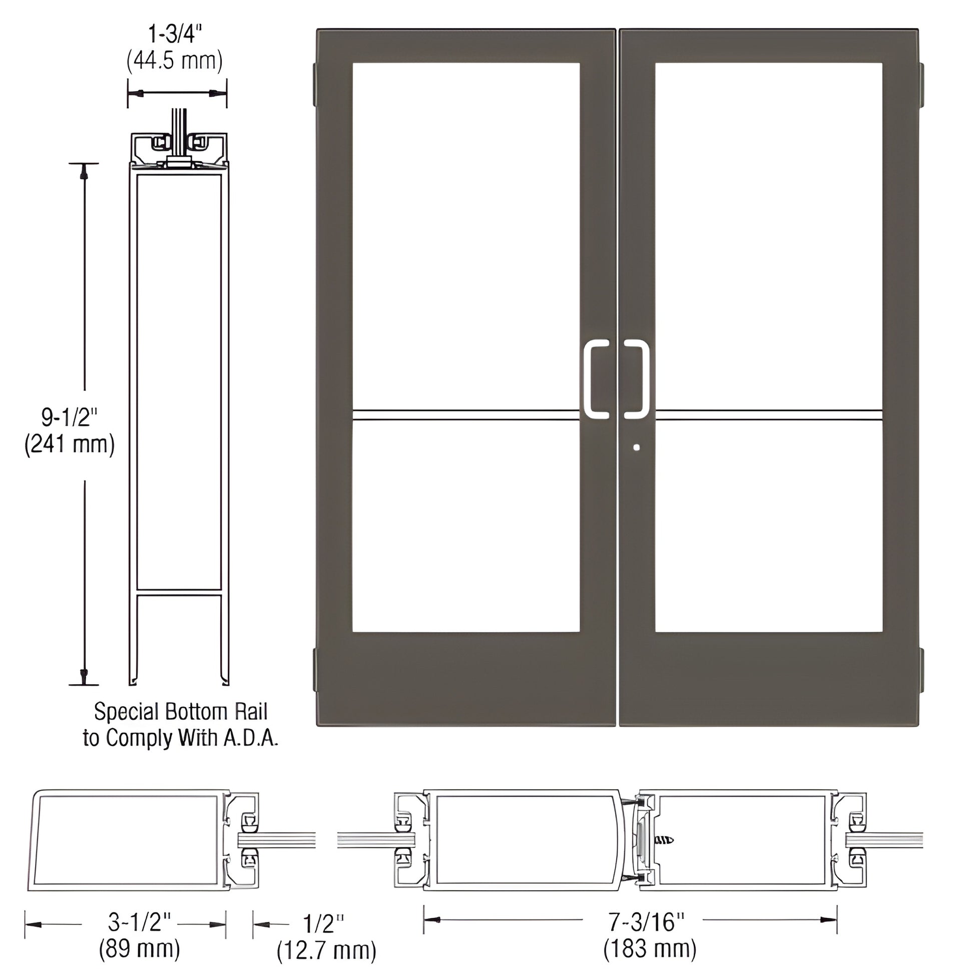 Double medium-stile commercial entrance doors, black bronze anodized, large glass panels, ADA 91 2 bottom rail (SKU DE42522)