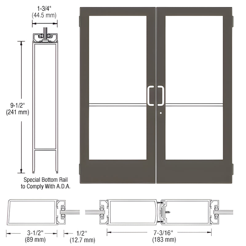Double medium-stile commercial entrance doors, black bronze anodized, large glass panels, ADA 91 2 bottom rail (SKU DE42522)