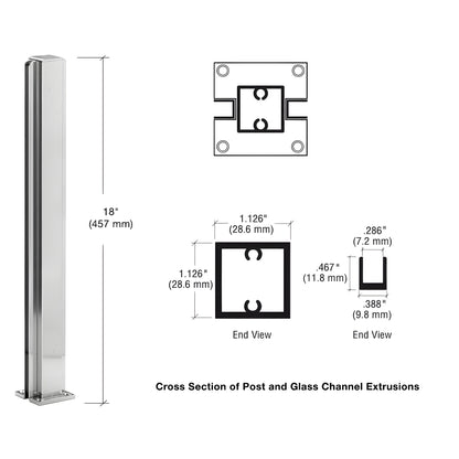 Bright anodized aluminum square partition post 18" tall with U channel for 1/4" glass, square base and top cap.