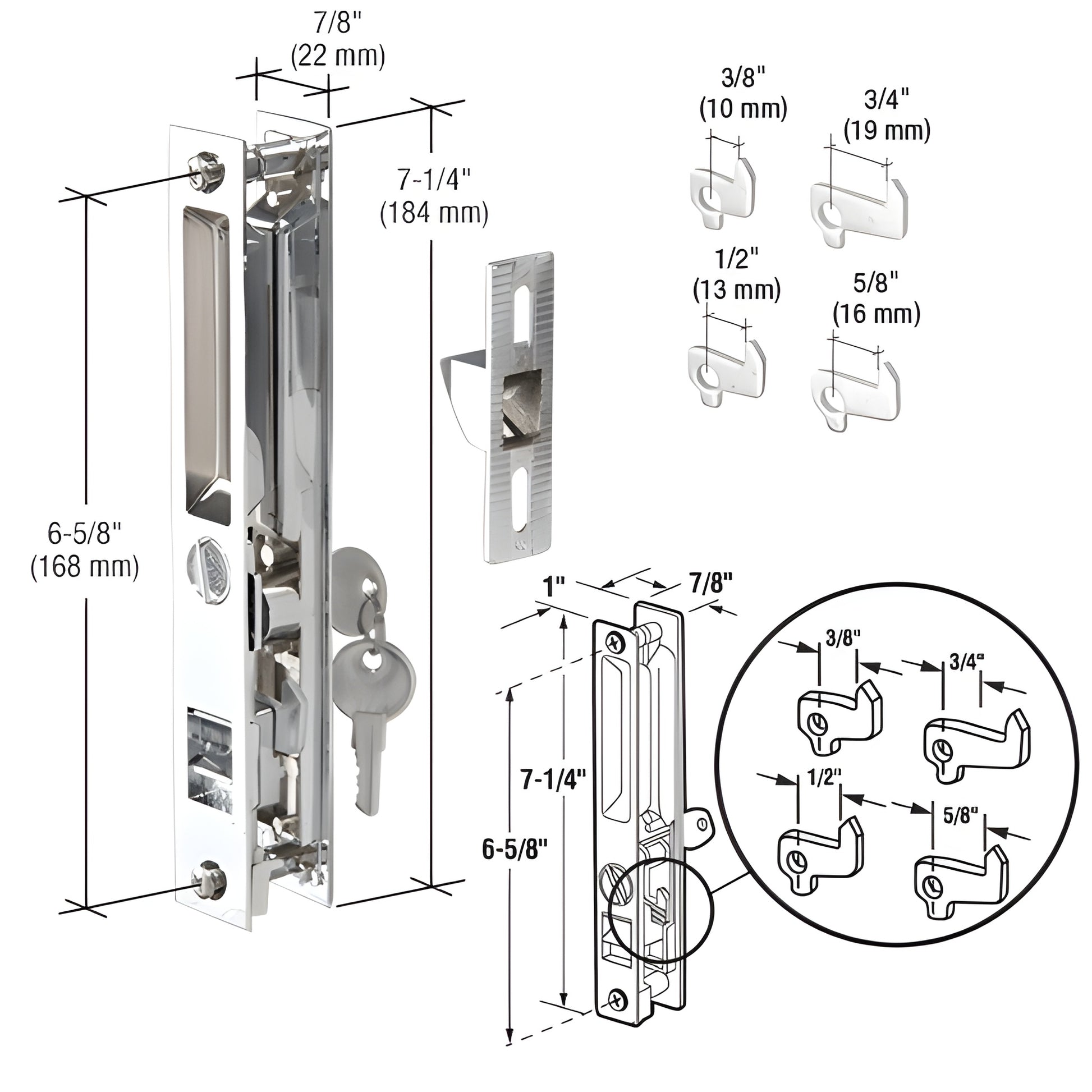 CRL chrome diecast handle set with night latch, keys and 4 reversible hooks, flush-mount dimensions shown (SKU C1076)