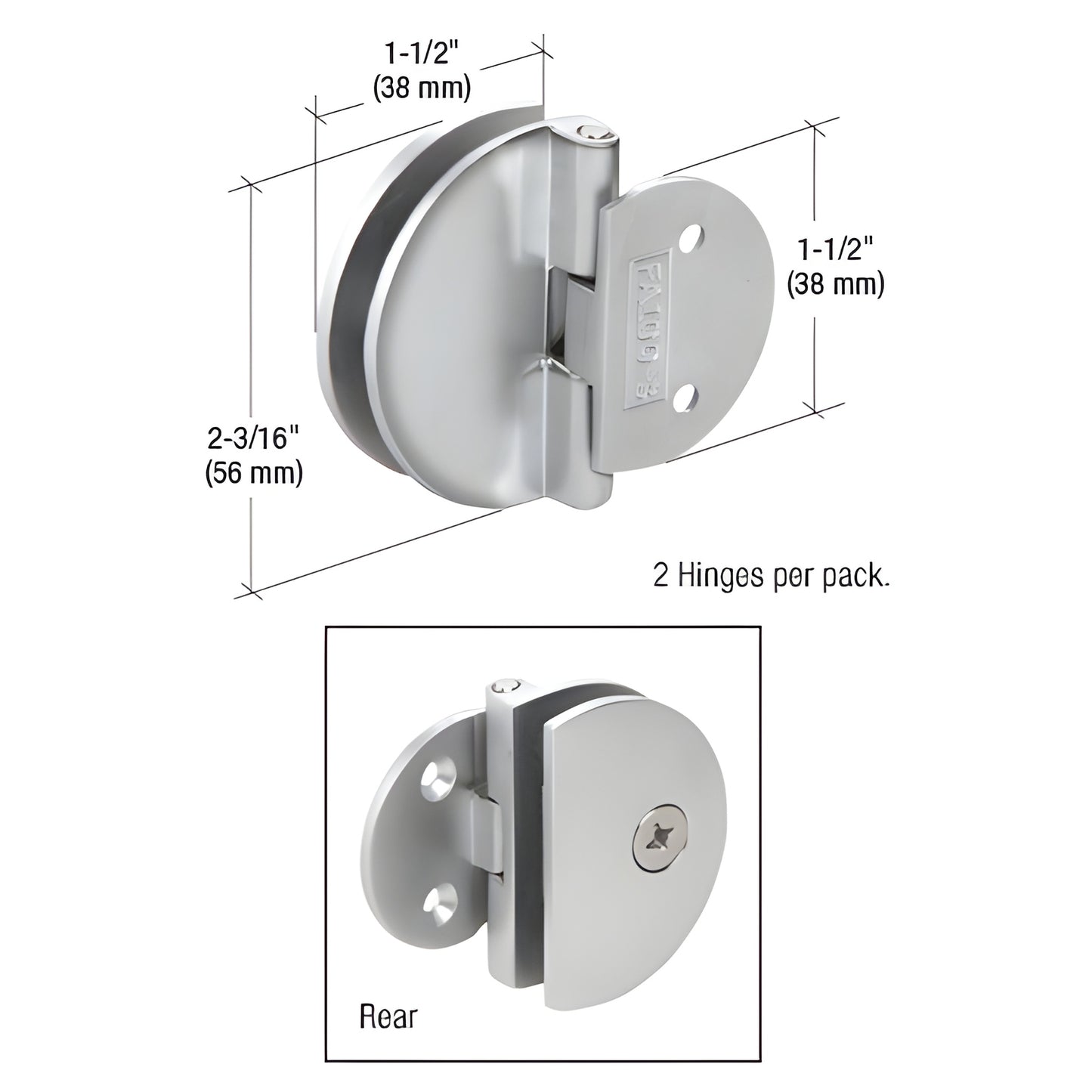 EH184 polished chrome half-round glass hinge for 1/4-5/16" (6-8mm) glass, wall-mount, 2 per pack, template included.