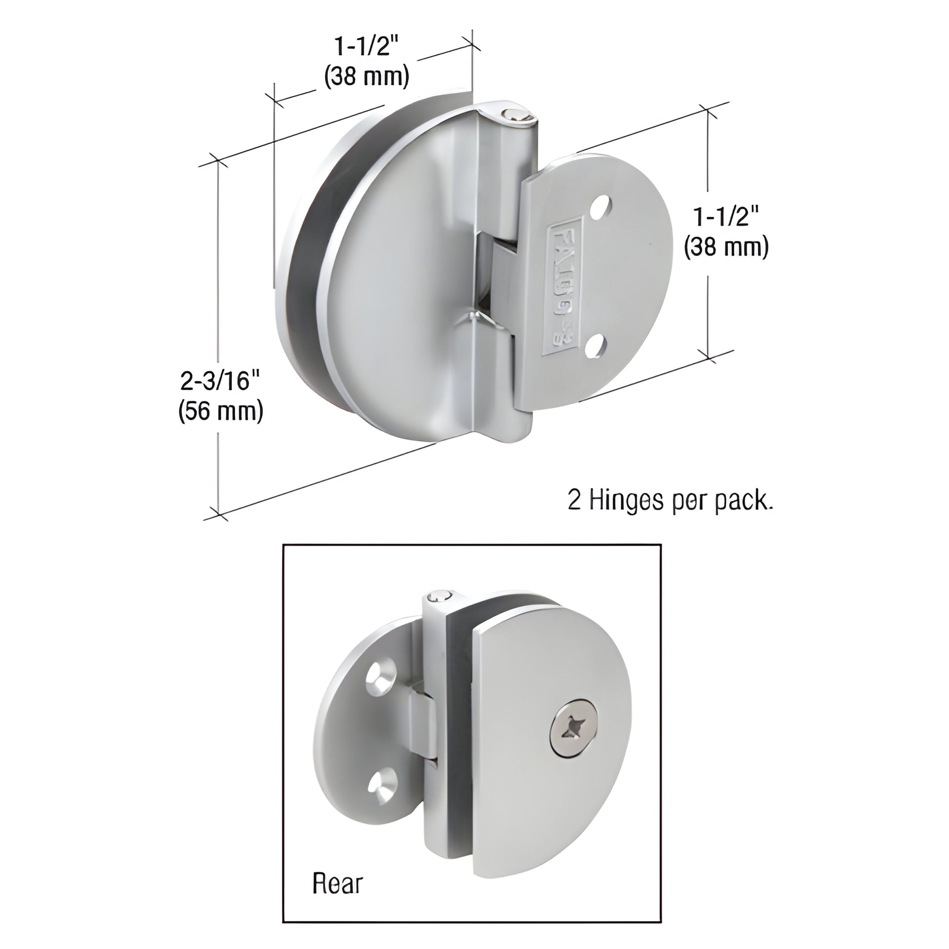 EH184 polished chrome half-round glass hinge for 1/4-5/16" (6-8mm) glass, wall-mount, 2 per pack, template included.