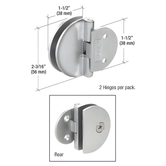 EH184 polished chrome half-round glass hinge for 1/4-5/16" (6-8mm) glass, wall-mount, 2 per pack, template included.