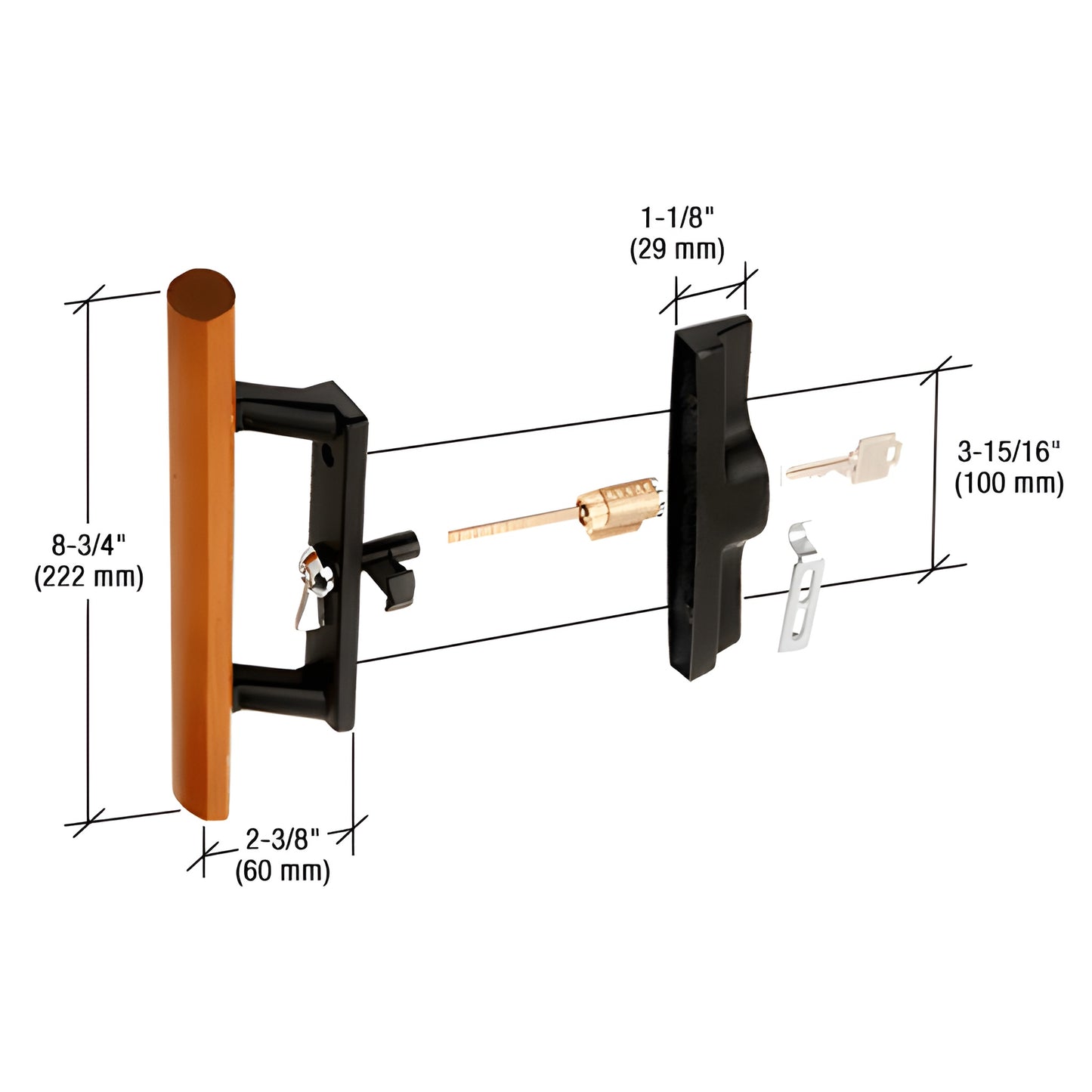 C1132: black aluminum internal sliding glass door lock handle with wood pull, keyed, reversible, 8-3/4" handle.