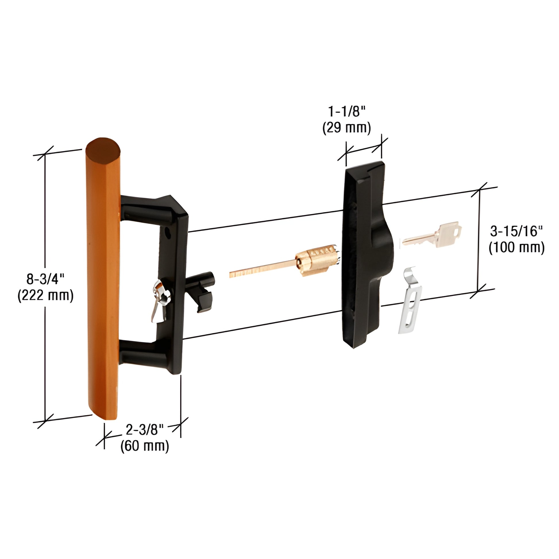 C1132: black aluminum internal sliding glass door lock handle with wood pull, keyed, reversible, 8-3/4" handle.