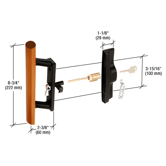 C1132: black aluminum internal sliding glass door lock handle with wood pull, keyed, reversible, 8-3/4" handle.