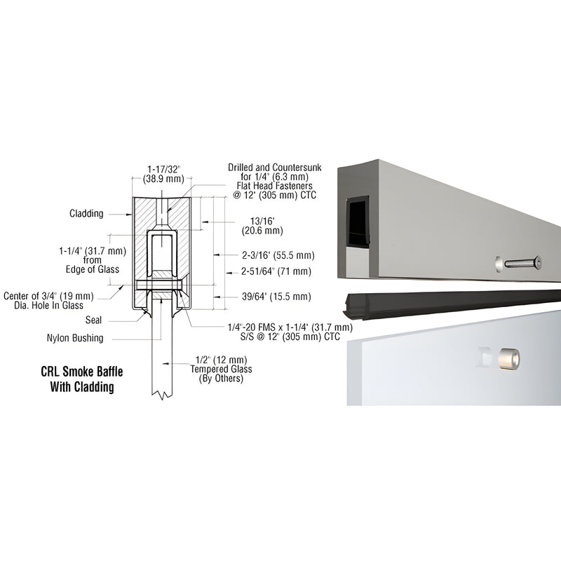 CRL Smoke Baffle aluminum base shoe for 1/2" tempered glass smoke curtain, brushed stainless finish, SKU B5BBSC.