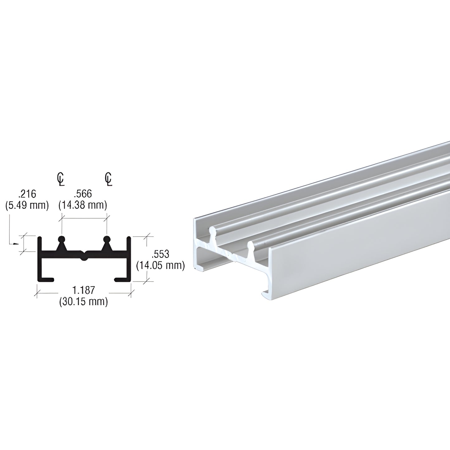 Satin anodized aluminum double lower track SKU D592A - low profile sliding door track, 1.187" wide, 144" long.